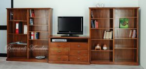 Mobile da soggiorno con cassettiera centrale porta Tv e librerie a giorno ai lati in legno massiccio